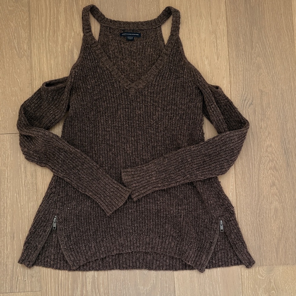 American Eagle Outfitters Brown V-Neck Off the Shoulder Sweater